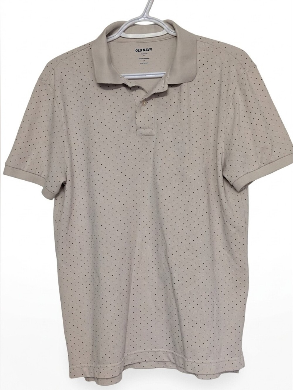 Old Navy Medium Classic Fit — Beige w/ Navy Polka Dots, Short Sleeve Polo Shirt